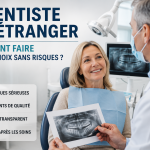 Patiente senior en consultation dans une clinique dentaire moderne à l’étranger avant des implants dentaires
