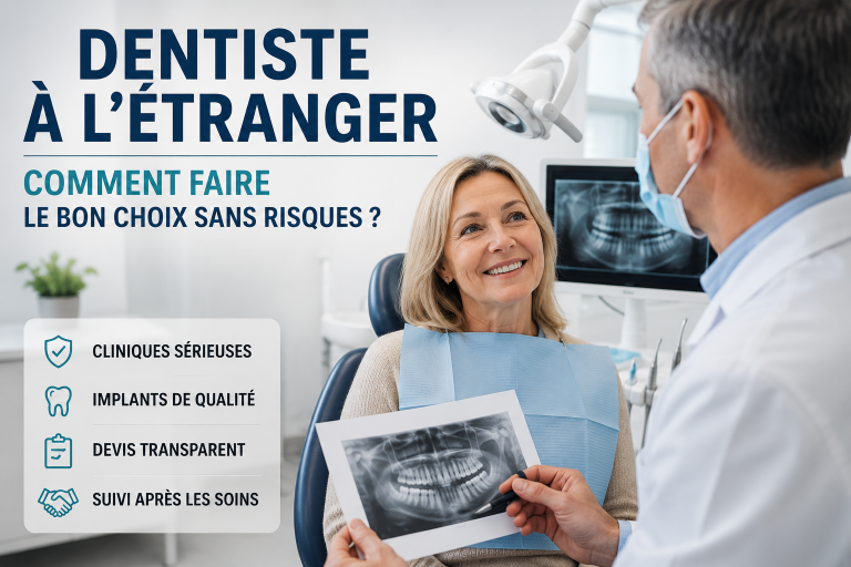 Patiente senior en consultation dans une clinique dentaire moderne à l’étranger avant des implants dentaires