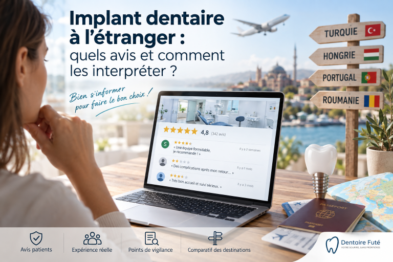 Patiente consultant des avis sur les implants dentaires à l’étranger