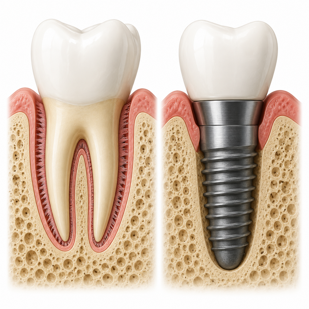 Comparaison anatomique entre une dent naturelle et un implant dentaire.