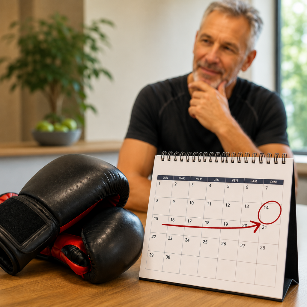 Gants de boxe et calendrier illustrant le délai avant la reprise du sport après un implant dentaire.