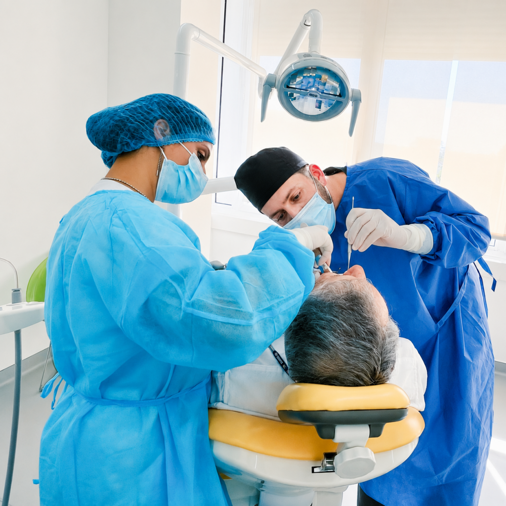 Dentiste réalisant la pose d'implants dentaires dans une clinique moderne à l'étranger.