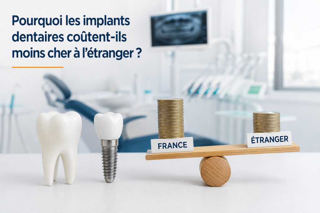 Implants dentaires à l'étranger : tout ce qu'il faut vérifier avant de se lancer 1 Comparaison illustrant pourquoi les implants dentaires coûtent moins cher à l'étranger qu'en France.