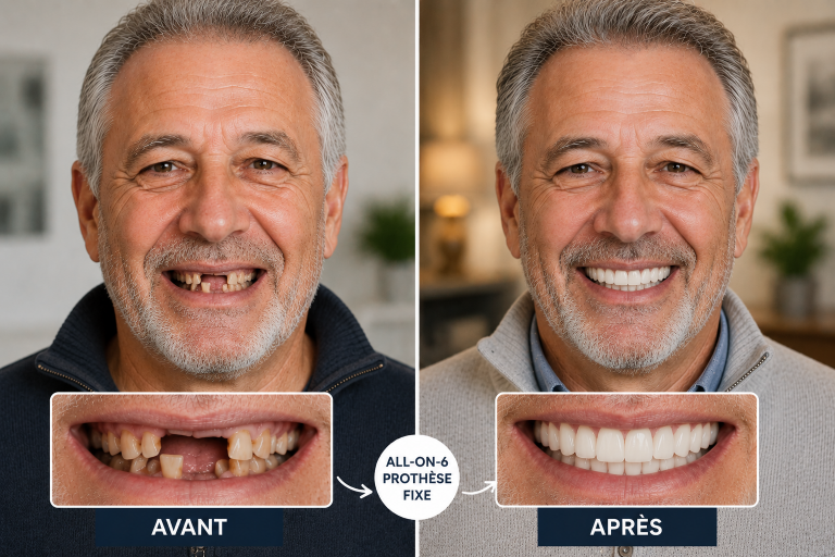Avant après d'un homme senior après une prothèse provisoire All-on-6 sur implants dentaires.