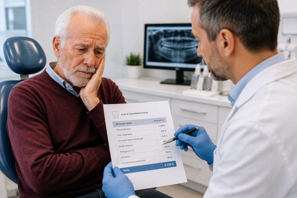 Patient senior préoccupé par le coût d'un traitement dentaire après la présentation d'un devis par son dentiste.