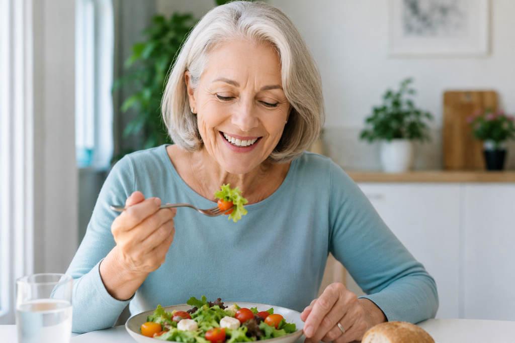 Femme senior souriante prenant son repas avec confort après avoir retrouvé une bonne fonction masticatoire.