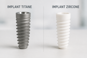 Comparaison visuelle entre un implant dentaire en titane et un implant dentaire en zircone.
