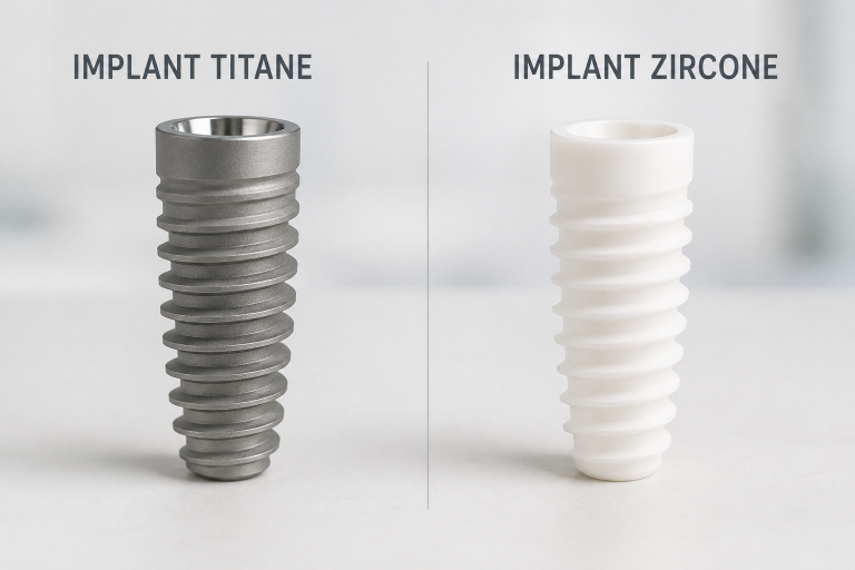Comparaison visuelle entre un implant dentaire en titane et un implant dentaire en zircone.