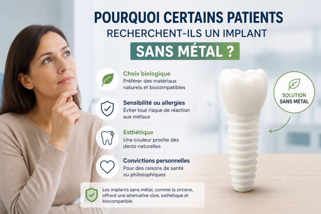 Implant dentaire titane ou zircone : lequel choisir ? 5 Patiente réfléchissant à une solution d’implant dentaire sans métal avec un implant en zircone présenté à ses côtés.