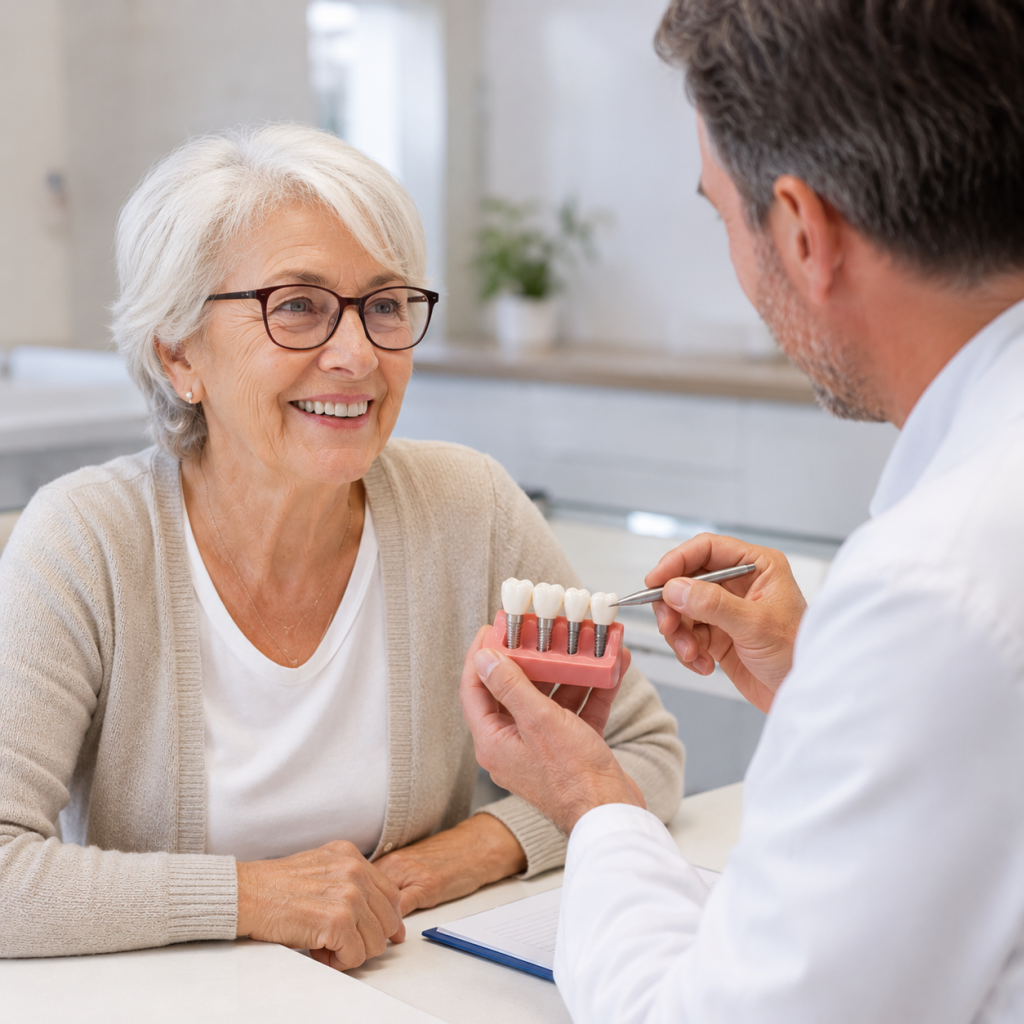 Dentiste expliquant un traitement par implants dentaires à une femme de 75 ans lors d'une consultation.