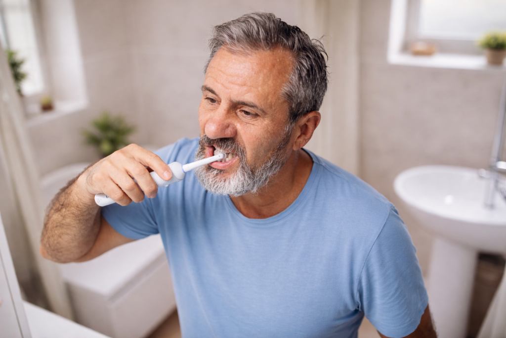 senior se brossant les dents avec signes de gingivite et gencives sensibles