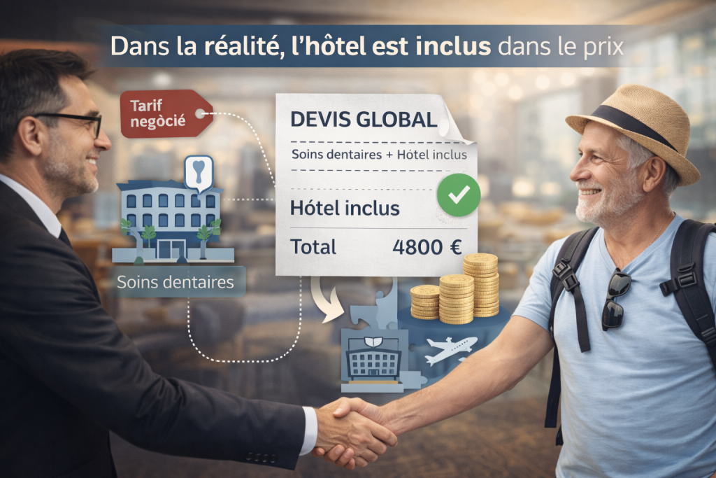 Le patient a l’impression que l’hôtel est offert. En réalité, il est inclus dans le prix total.