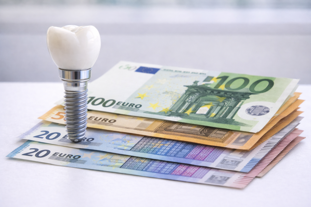 implant dentaire posé sur des billets de 20, 50 et 100 euros illustrant le coût des implants dentaires en France