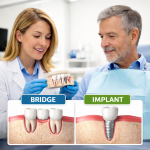 Comparaison entre bridge dentaire et implant pour remplacer une dent manquante présentée par un dentiste à un patient senior