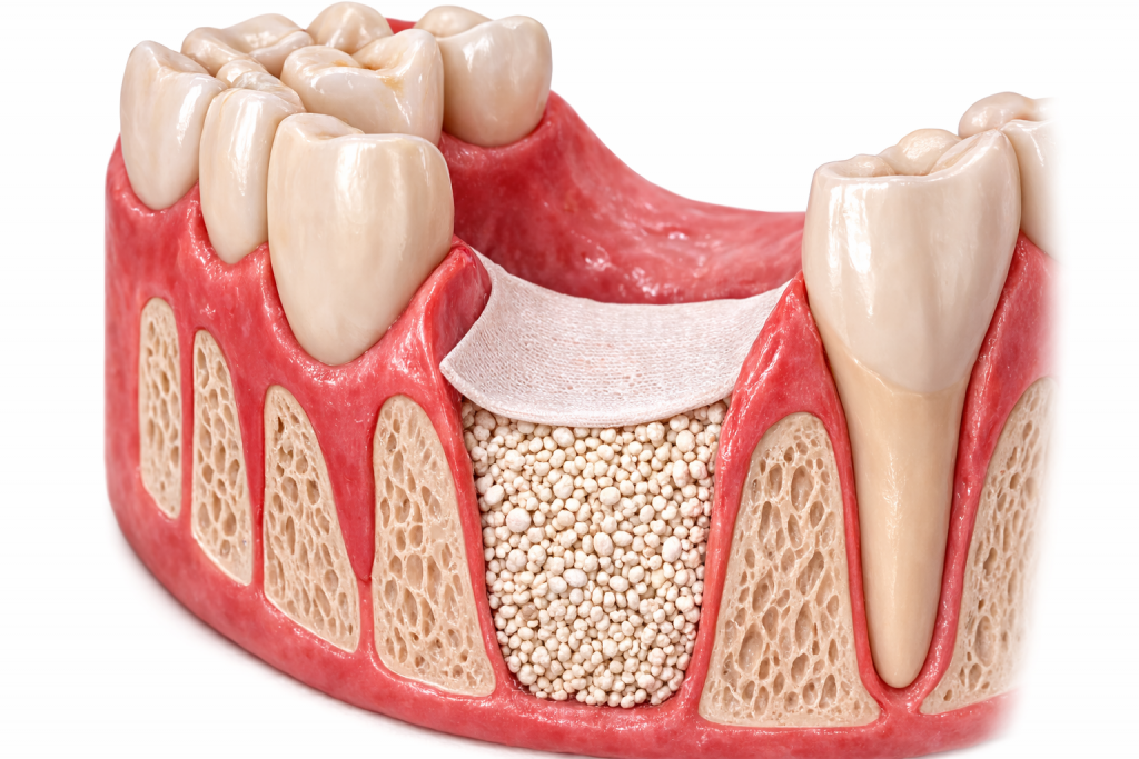 comblement osseux après extraction d’une dent avec biomatériau et membrane pour préserver l’os avant implant dentaire