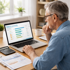 Clinique dentaire en Hongrie avis : faut-il vraiment faire confiance ? 2 patient senior comparant les prix des soins dentaires sur ordinateur