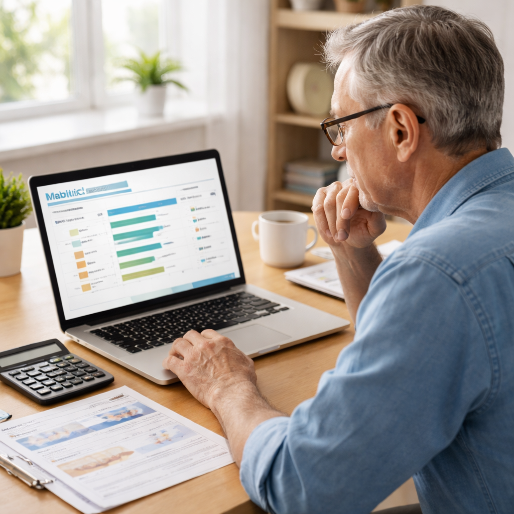 Comparaison prix soins dentaires France Espagne 6 patient senior comparant les prix des soins dentaires sur ordinateur