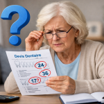 Femme senior qui regarde un devis dentaire et ne comprend pas la numérotation des dents