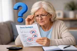 Femme senior qui regarde un devis dentaire et ne comprend pas la numérotation des dents