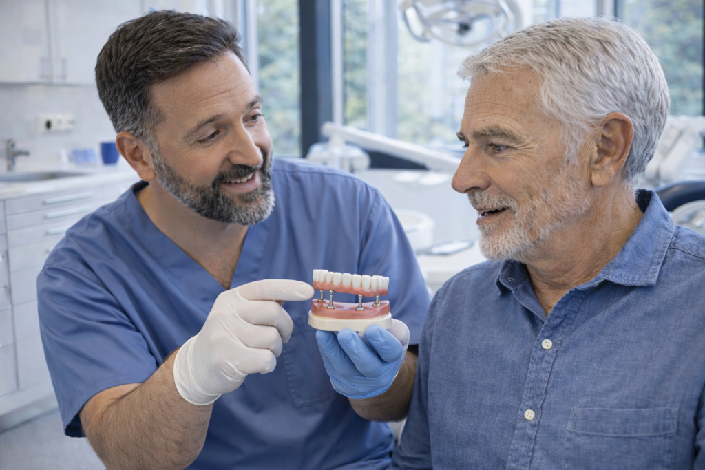 dentiste expliquant un traitement all-on-4 avec prothèse complète sur implants à un patient dans un cabinet dentaire