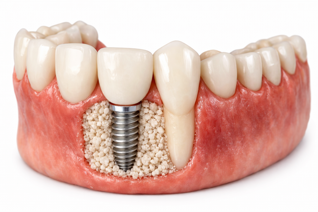 greffe osseuse dentaire autour d’un implant avec biomatériau pour reconstruire l’os avant la pose d’une couronne