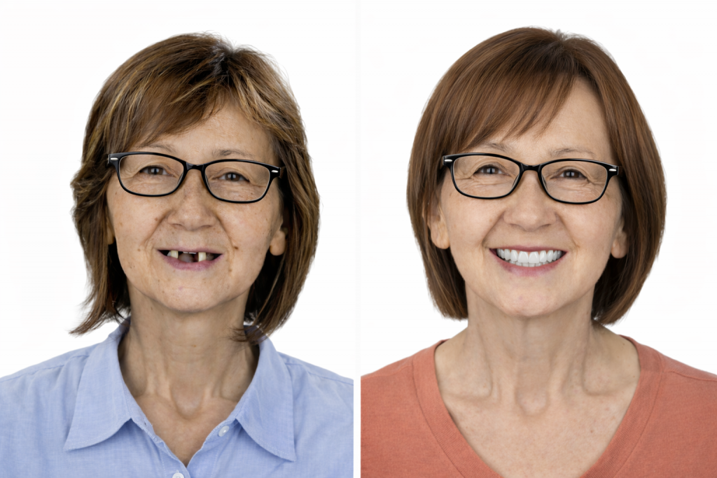 Implantologie avant après traitement global dents sourire patient implant dentaire