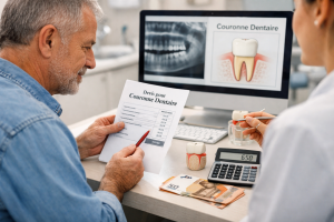 prix couronne dentaire France patient senior analysant un devis chez le dentiste