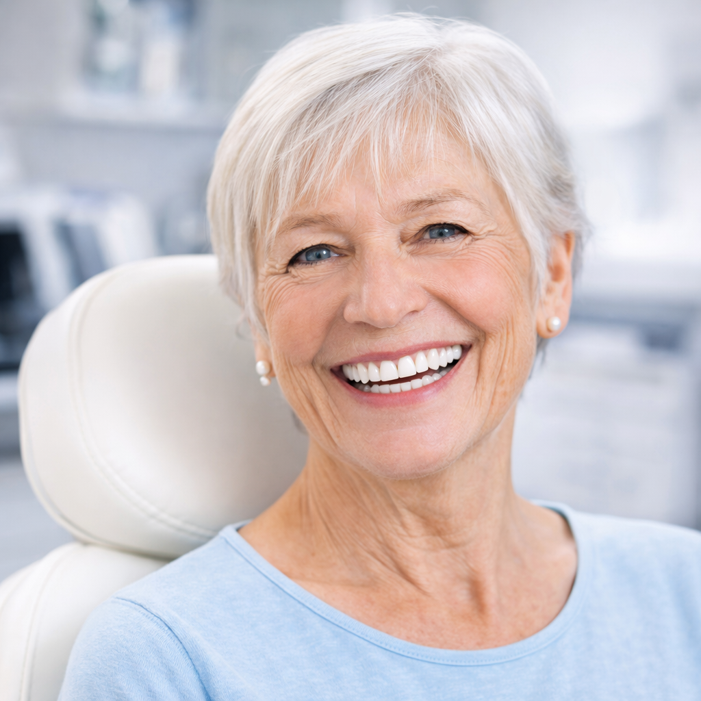femme senior souriante après reconstruction complète des dents avec implants dentaires