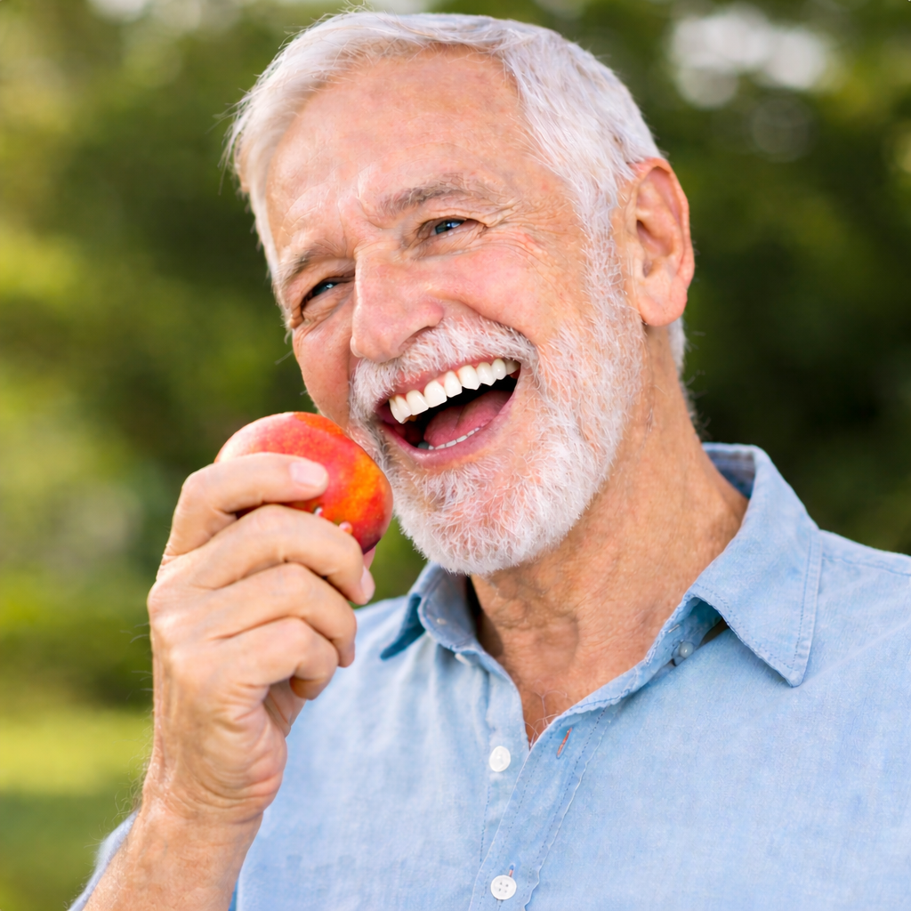 senior souriant mange une pomme après reconstruction dentaire avec implants