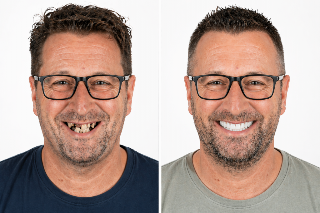 avant après prothèse complète All-on-6 en zircone sur implants dentaires