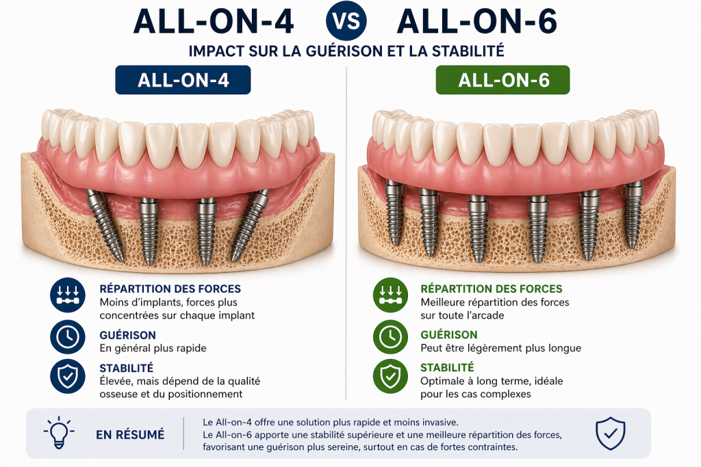 difference all-on-4 et all-on-6 implants dentaires repartition forces et guerison