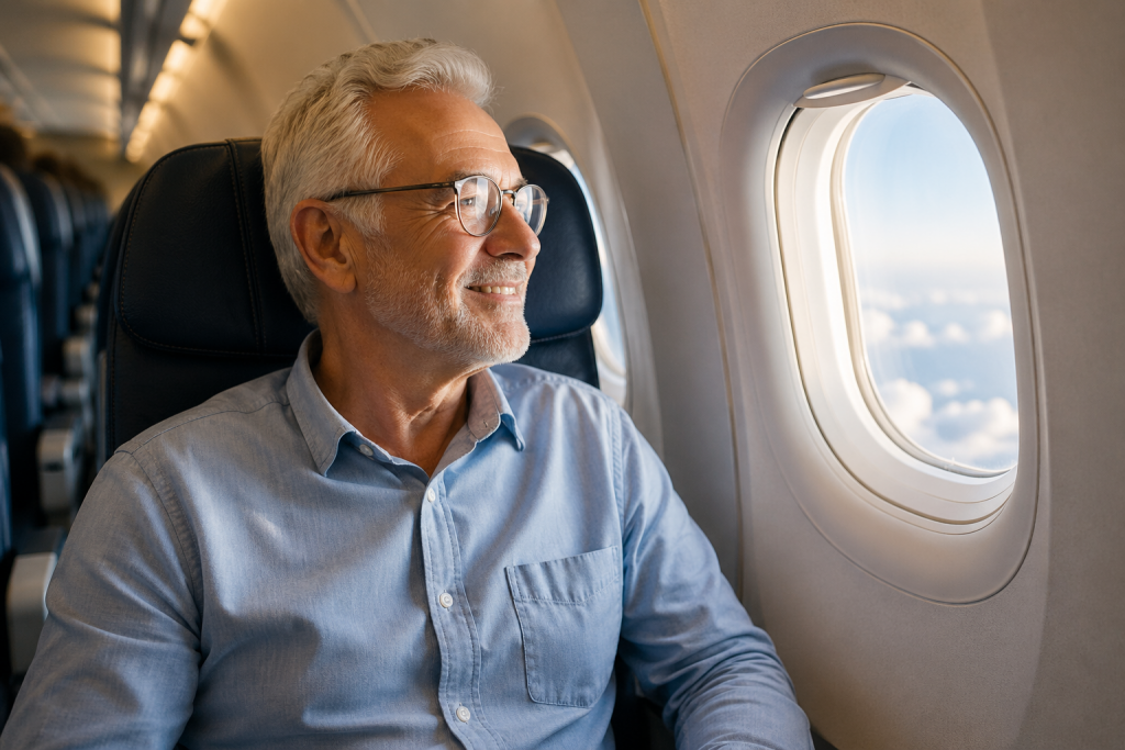patient senior dans un avion après un implant dentaire regardant par le hublot
