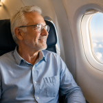 patient senior dans un avion après un implant dentaire regardant par le hublot