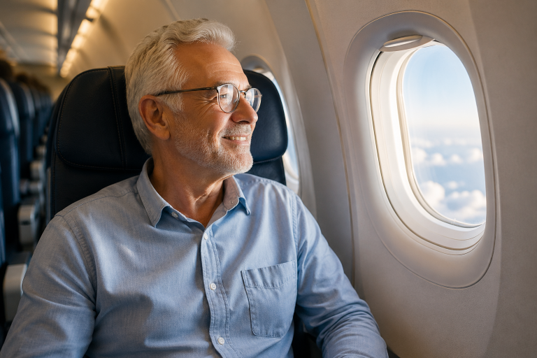 patient senior dans un avion après un implant dentaire regardant par le hublot