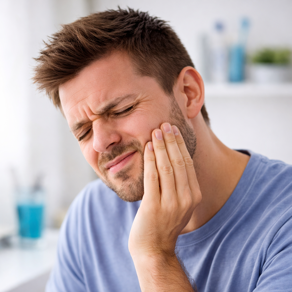 Soulager une rage de dent en attendant un rendez-vous chez le dentiste 1 homme souffrant d’une rage de dent avec douleur à la mâchoire