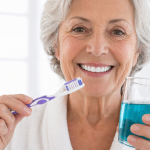 femme senior brossage dents apres all-on-4 hygiene implants dentaires