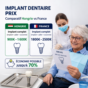 Implant dentaire en Hongrie prix : combien ça coûte vraiment en 2026 ? 1 comparatif prix implant dentaire hongrie france femme senior lunettes devis dentaire