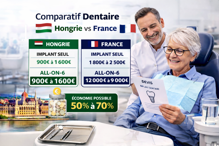 comparatif prix implant dentaire hongrie france femme senior lunettes clinique dentaire