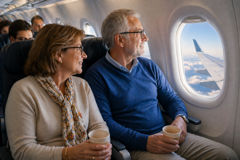 couple senior dans un avion se demandant si prendre l’avion après un implant dentaire est possible
