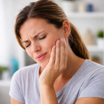 femme souffrant d’une rage de dent avec douleur intense à la mâchoire