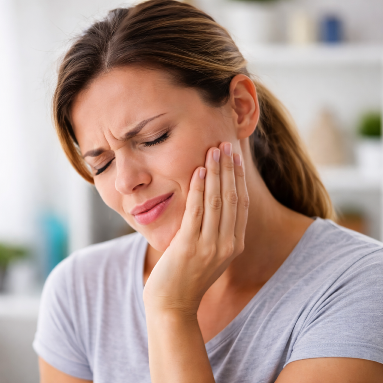 femme souffrant d’une rage de dent avec douleur intense à la mâchoire