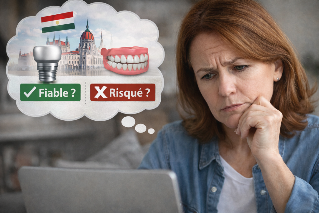 patiente senior qui réfléchit à la fiabilité du tourisme dentaire en Hongrie risques implants dentaires