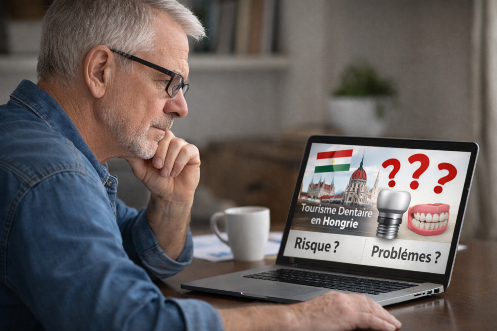 senior qui recherche les risques du tourisme dentaire en Hongrie sur internet implants dentaires