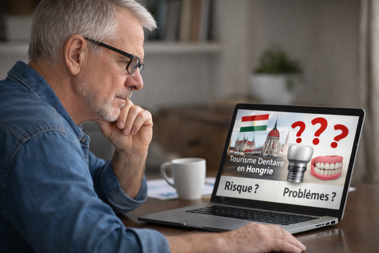 senior qui recherche les risques du tourisme dentaire en Hongrie sur internet implants dentaires
