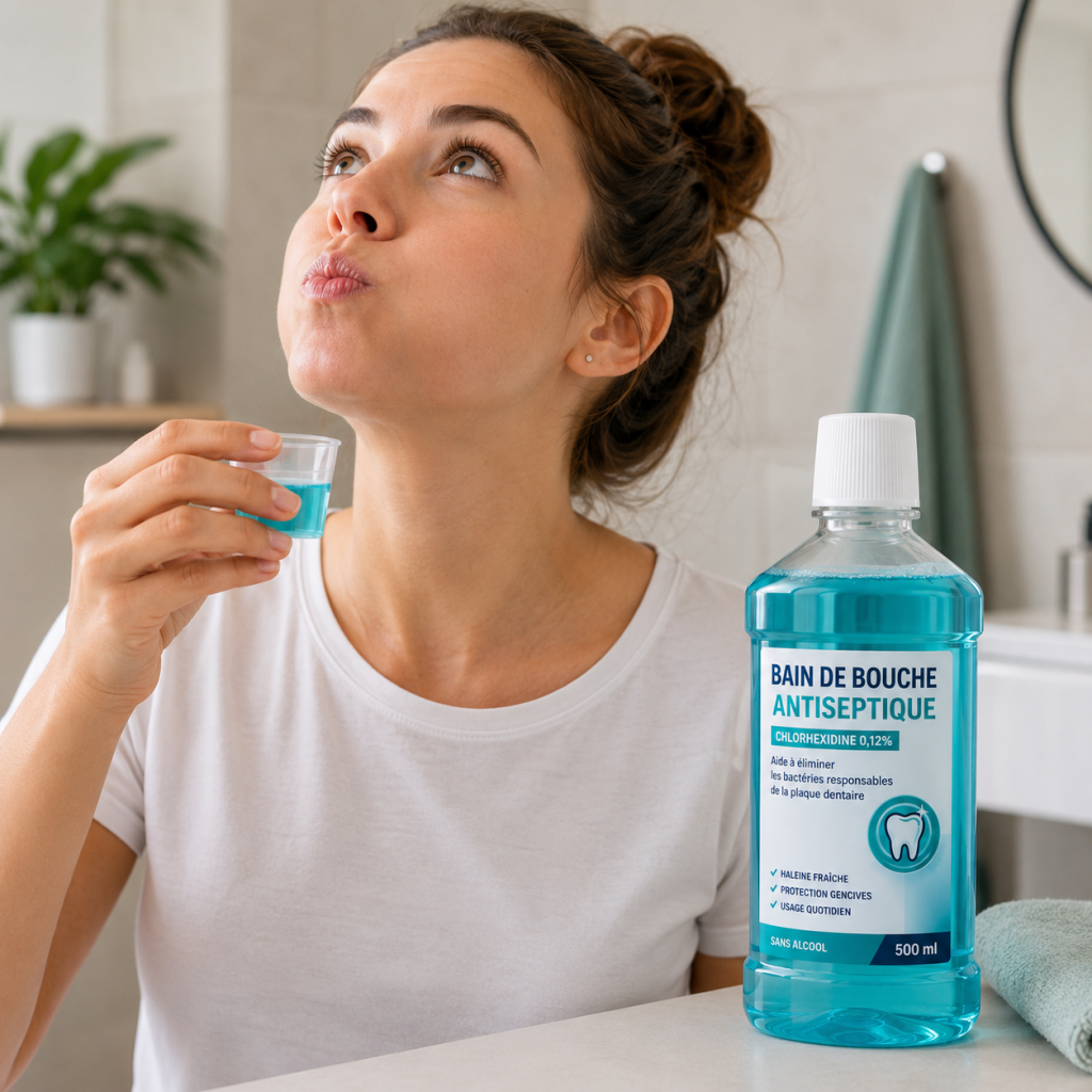 Femme utilisant un bain de bouche antiseptique pour soulager une irritation ou une douleur dentaire