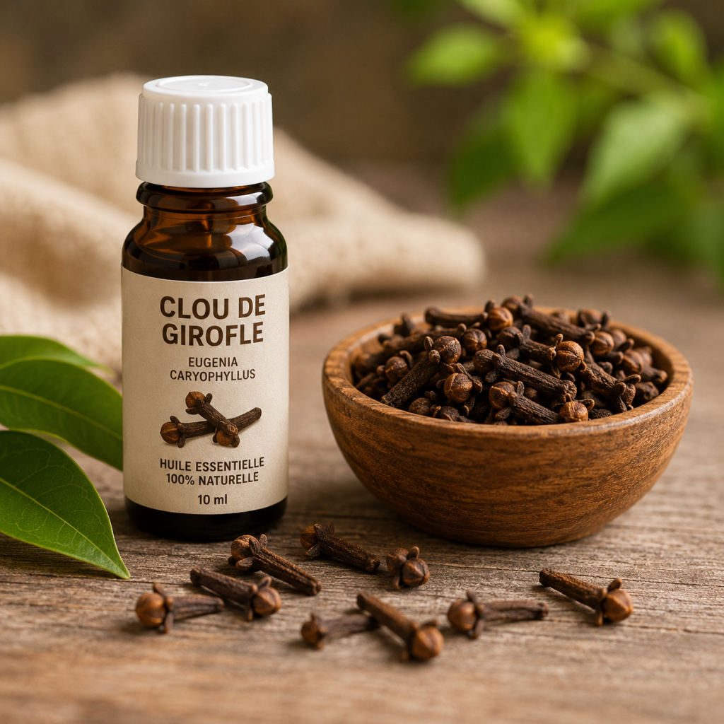 Flacon d’huile de clou de girofle et clous de girofle utilisés pour soulager une douleur dentaire naturellement