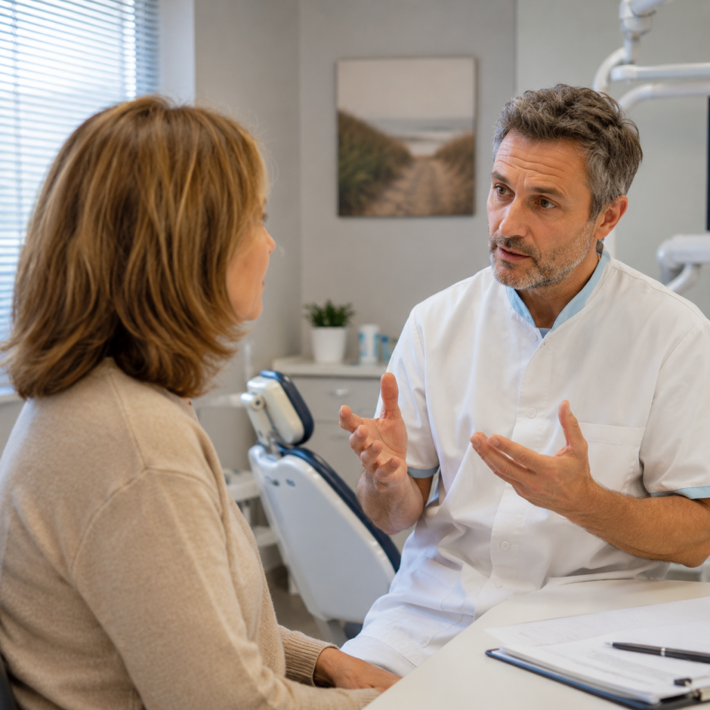 Dentiste senior expliquant à une patiente les alternatives à l’anesthésie générale lors d’une consultation dentaire