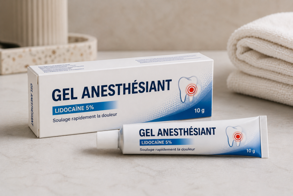 Tube de gel anesthésiant buccal à la lidocaïne utilisé contre les douleurs dentaires et irritations des gencives