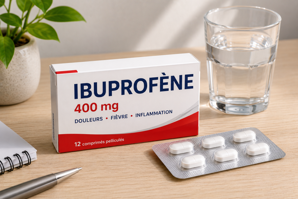 Boîte d’ibuprofène 400 mg avec comprimés et verre d’eau utilisée pour soulager une douleur dentaire inflammatoire