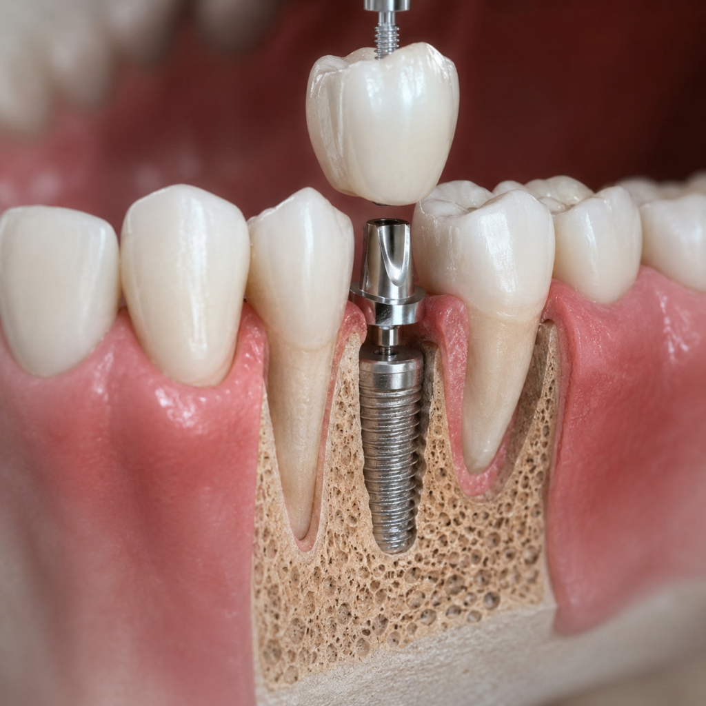 Illustration réaliste d’un implant dentaire après des soins dentaires à l’étranger et retour en France